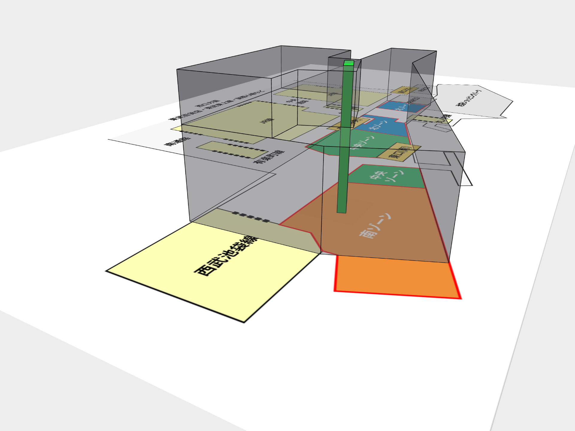 長方形に足された台形部分がなければエレベータは左にずれ、地下1階の売り場外に出てしまう