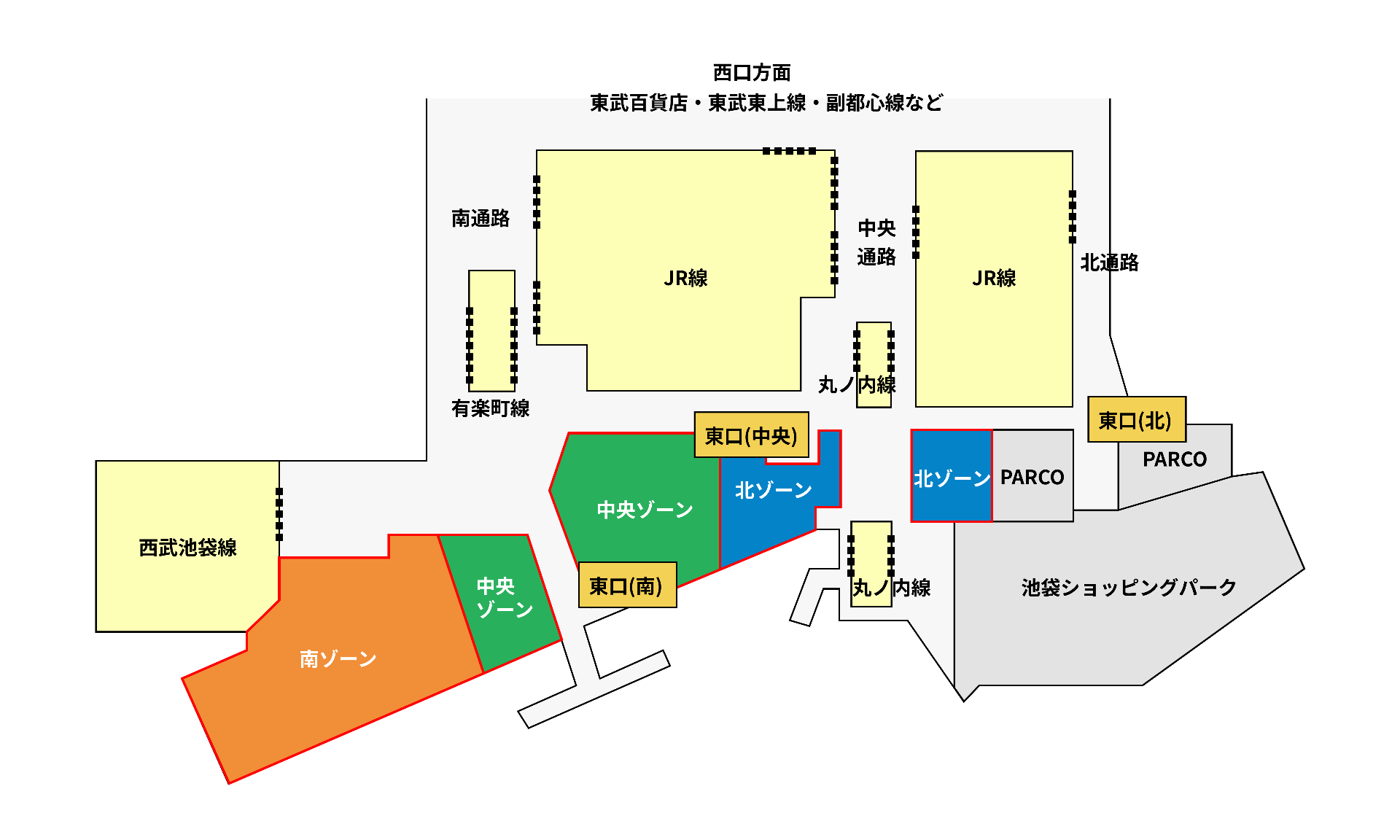池袋駅東口側の地下コンコースにおける西武池袋本店の立地