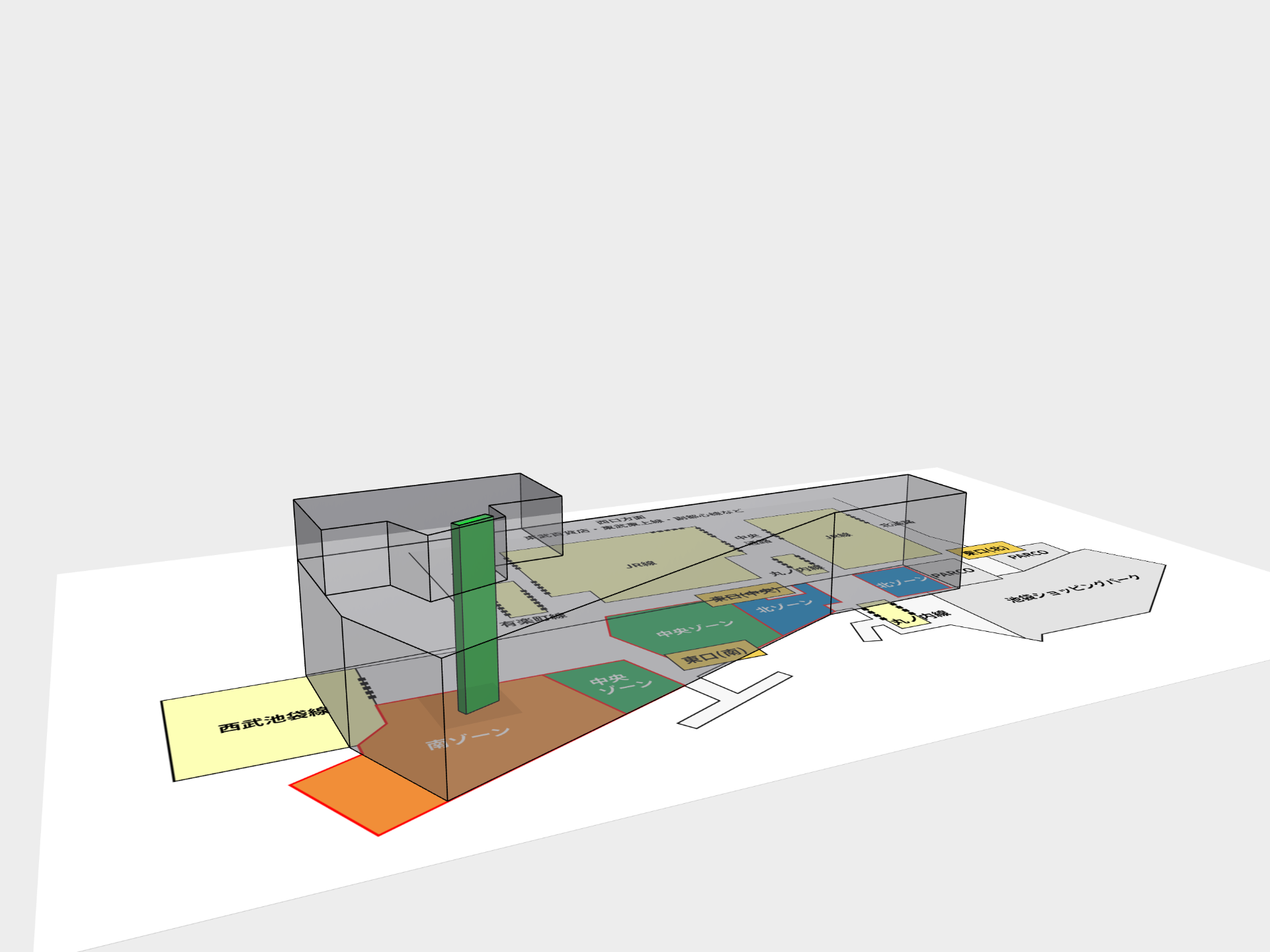 本館建物を透過し、地下1階コンコース地図に重ねた様子。上の出っぱりは地上9~12階フロア