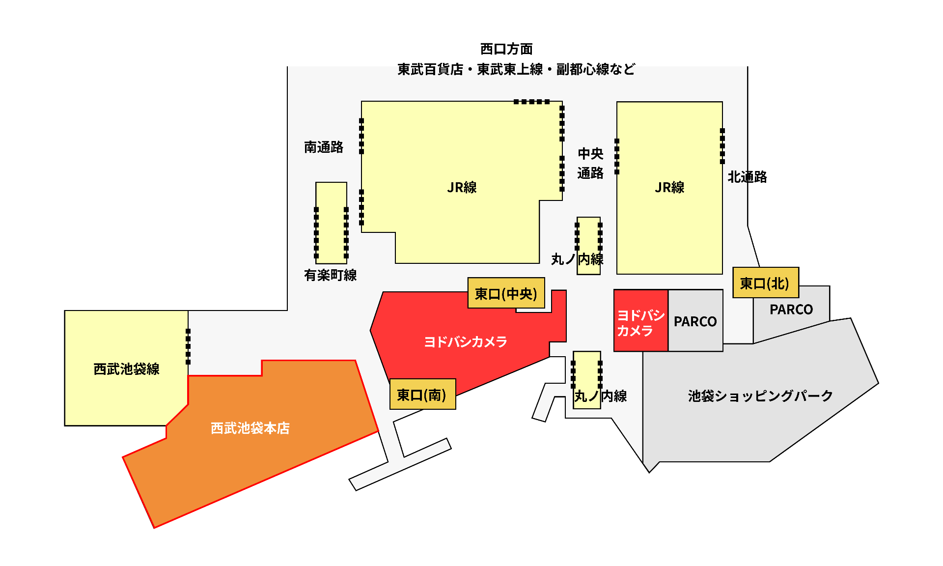 改装後の池袋駅東口側の地下コンコースにおける、西武池袋本店とヨドバシカメラなどの立地