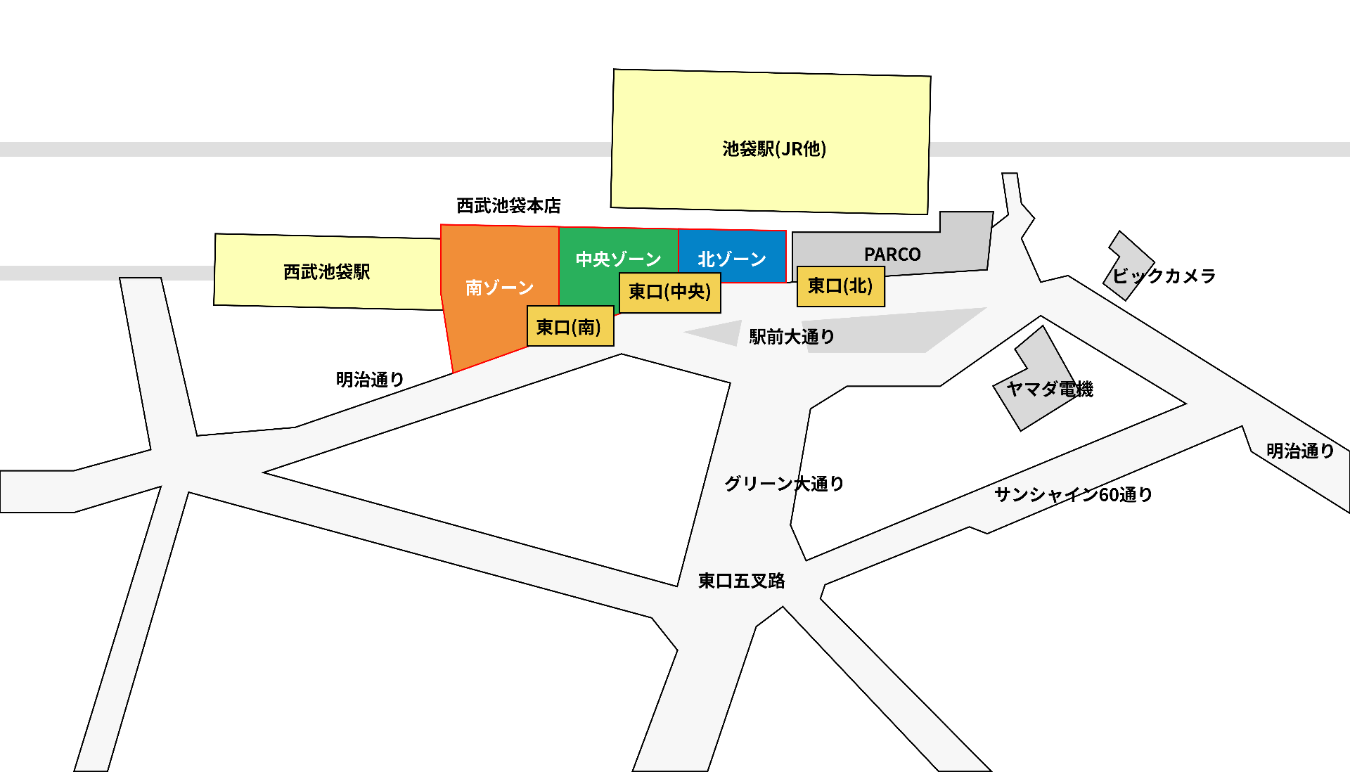 ヨドバシHD池袋ビル(旧西武池袋本店建物)とヤマダ電機、ビックカメラの位置関係