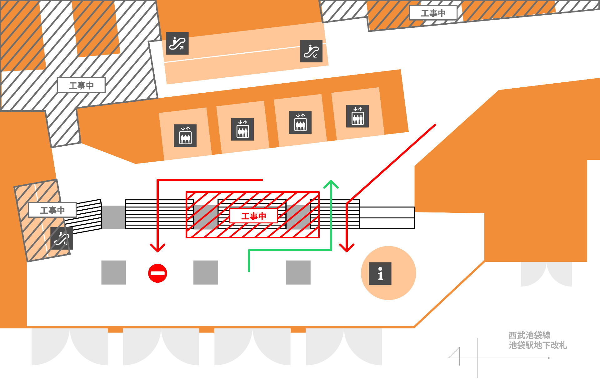 現在の工事仮囲い範囲。灰色部分が改装工事中エリア・赤色が新たに設置された仮囲い