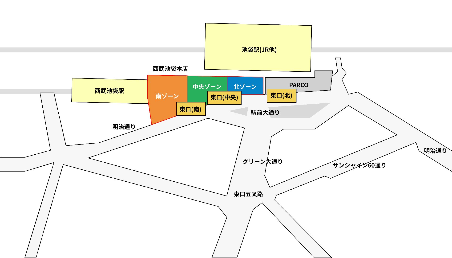 池袋駅東口における出口と西武池袋本店の位置関係